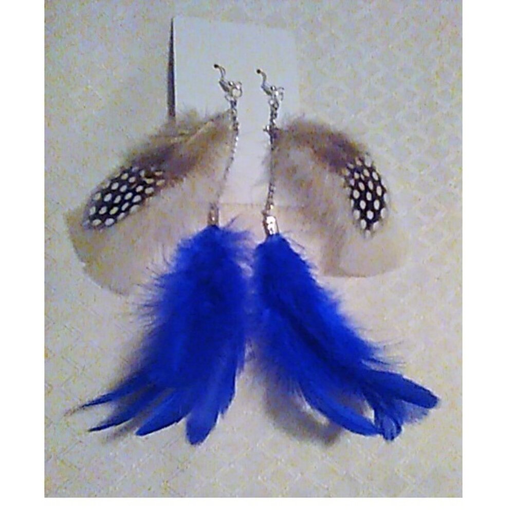 Earrings Feathers Double With Chains Royal Blue Pierced Handcrafted Boho New